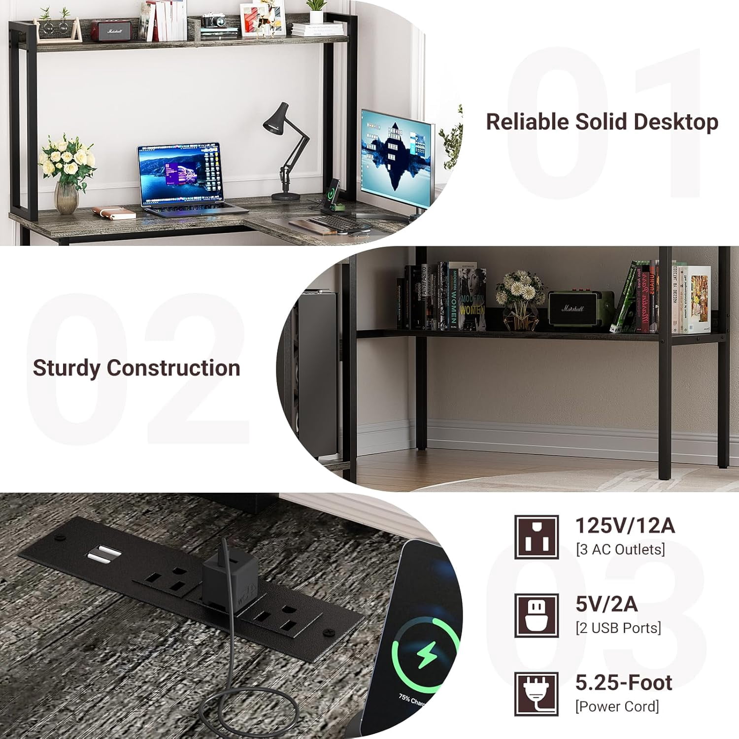Gaming Desk L Shaped, Corner PC Computer Desk with Hutch,RGB LED Lights,Power Outlet,Storage Shelves, 47.2" Reversible Large Surface Table for Bedroom Home Office