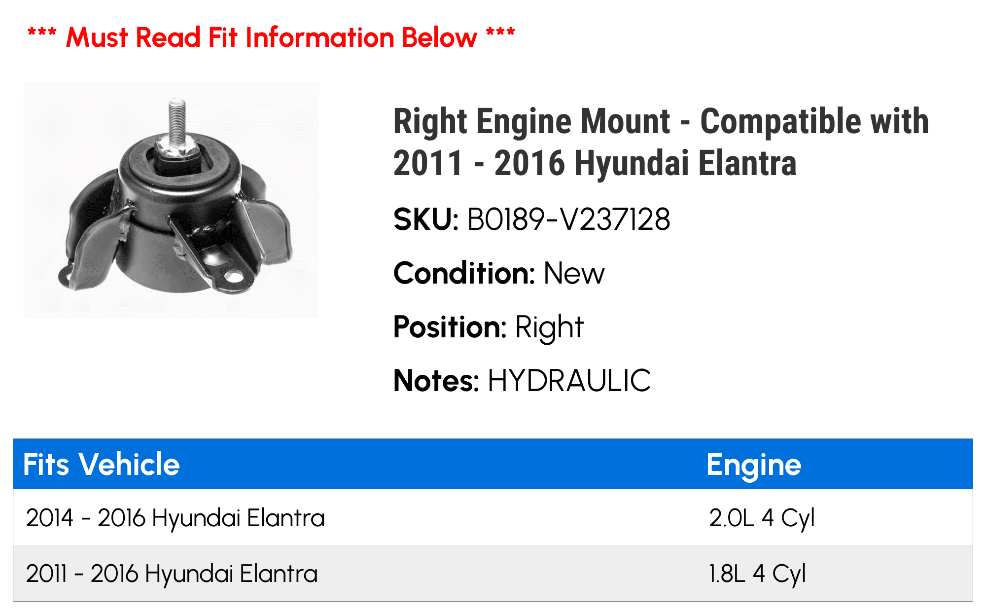 Right Engine Mount - Compatible with 2011 - 2016 Hyundai Elantra 2012 2013 2014 2015