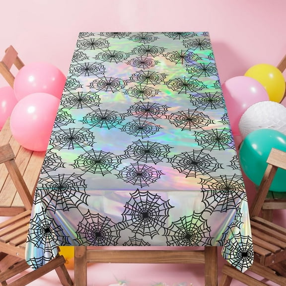 Cheerland Iridescent Spiderweb Tablecloth, 9 x 5 ft, Holographic Foil Table Cover, Plastic