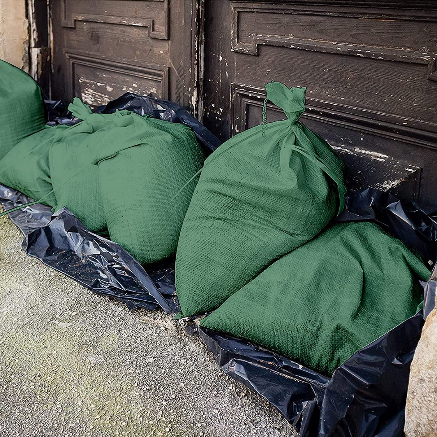 UV Protection 14 x 26 Inch Green 24 Pieces Empty Sand Bags with Solid Ties Woven Polypropylene Sandbags