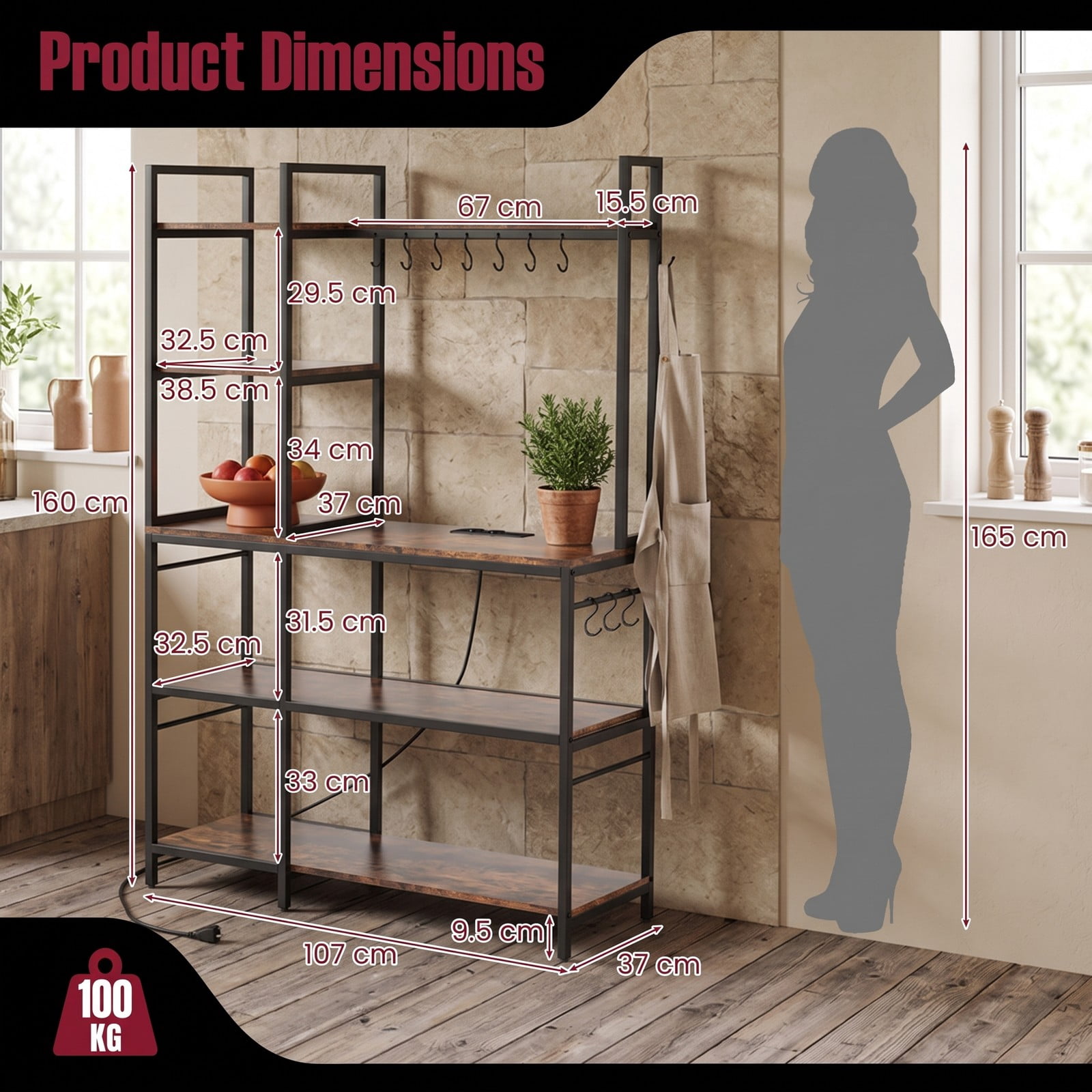 RUIE 5-Tier Kitchen Bakers Rack with Power Outlets, USB & Type-C Charging Station, 10 S-Hooks and Adjustable Feet, Freestanding Metal Microwave Storage, Rustic Brown