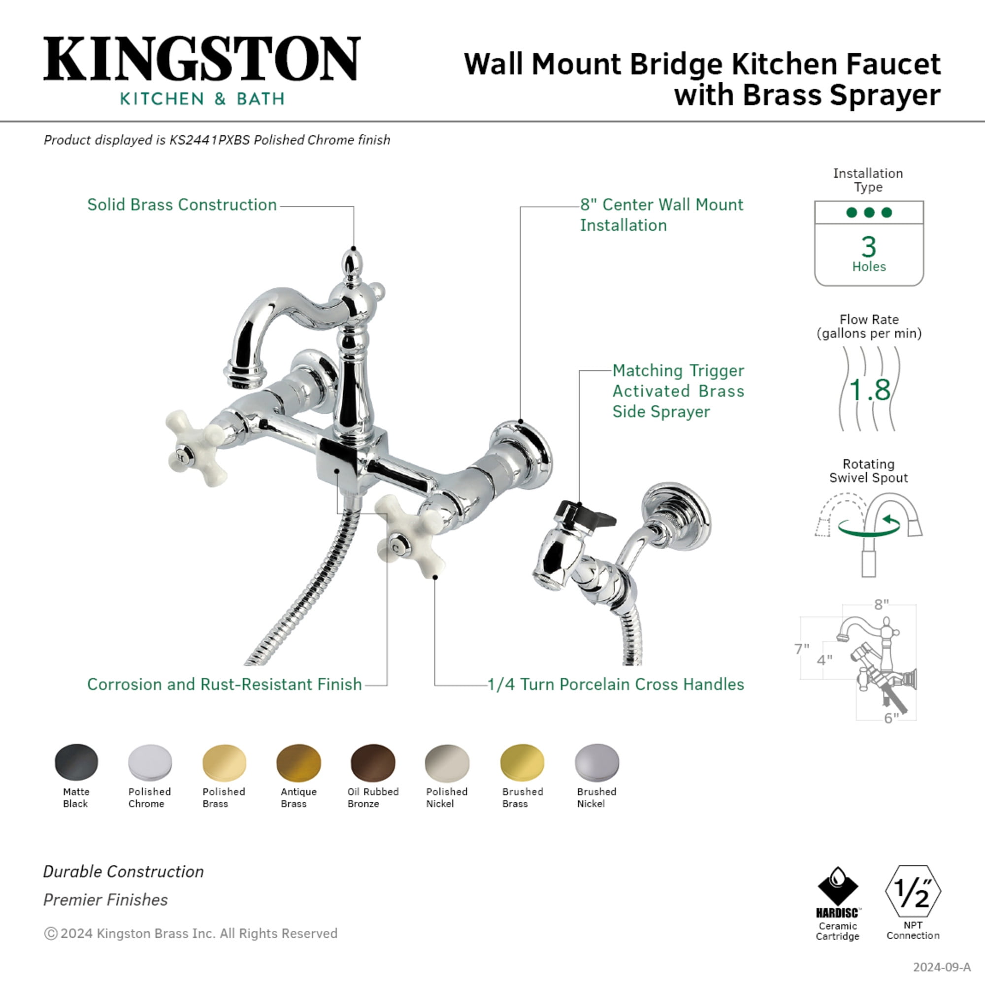Kingston Brass KS2440PXBS Heritage Double-Handle Wall-Mount Bridge Kitchen Faucet with Brass Sprayer, Matte Black