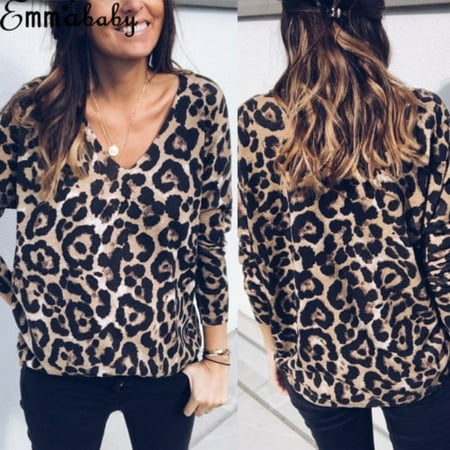 Canis - Hot Fashion Women V Neck Ladies Leopard Print Long Sleeve Loose