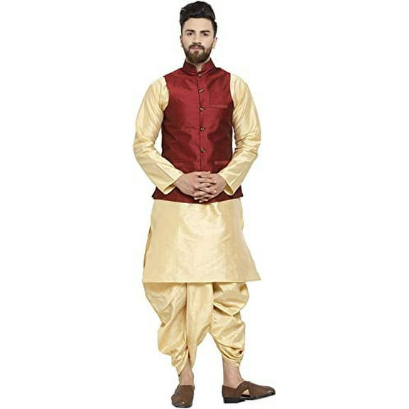 Royal Kurta Men's Silk Blend Kurta Dhoti & Nehru Jacket Set (38, Maroon-Gold-2)