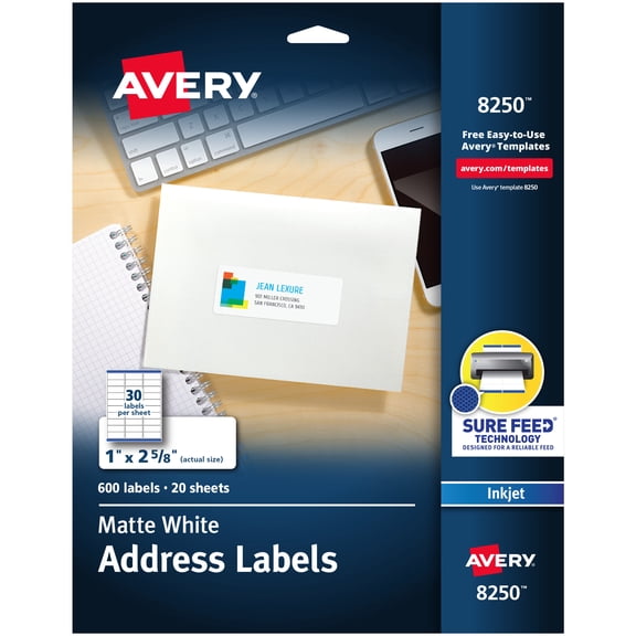 Avery Address Labels, 1" x 2-5/8", Matte White, 600ct (8250)