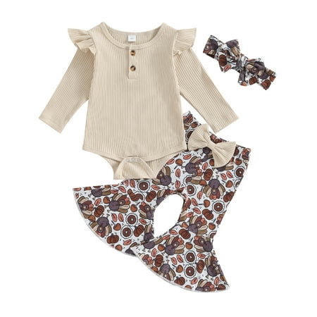 

Toddler Girl 3Pcs Thanksgiving Clothes Flying Sleeve Crewneck Romper Turkey Pattern Flare Pants Headband Outfit
