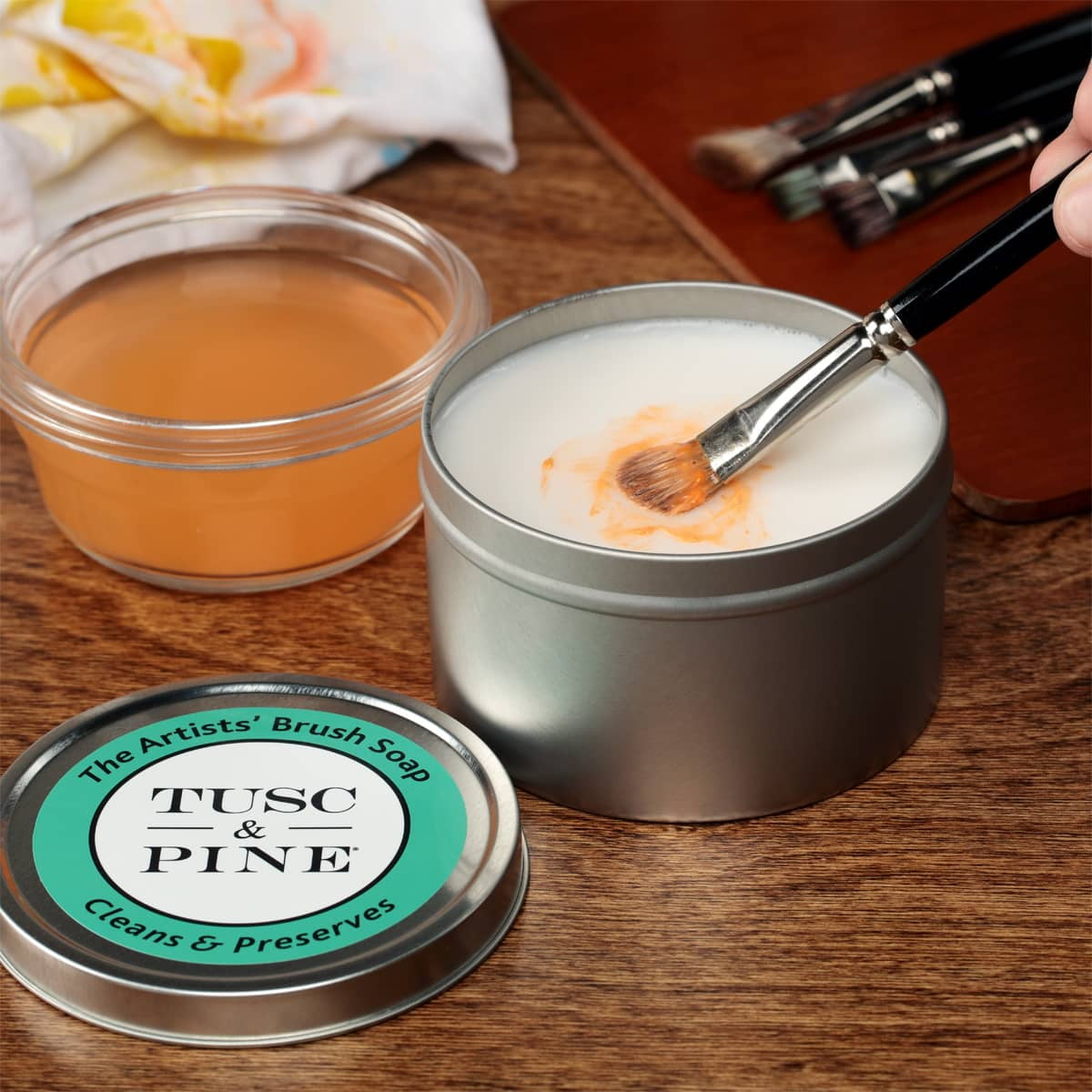 Tusc & Pine The Artists' Brush Soap - 12oz Plant-Based Brush Cleaner, Oil, Acrylic, Watercolor Paint - Nourishes Bristles; Made in North Carolina; Alkali Soap, Gentle Pine Fragrance