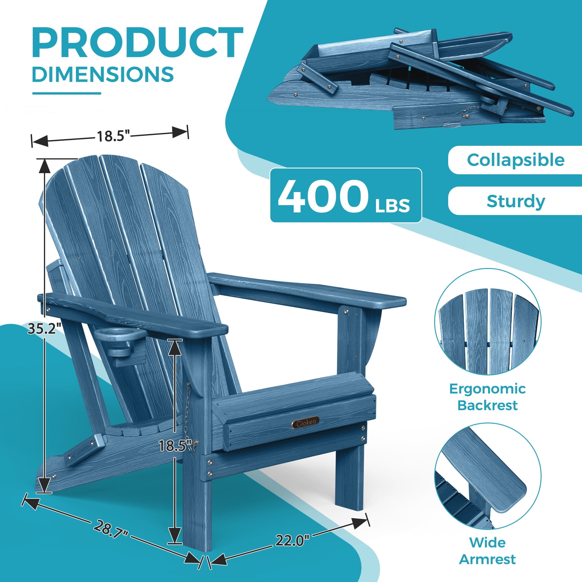 Ciokea Wood Adirondack Chairs Set of 2 Outdoor Folding Patio Chairs Fire Pit with Cup Holder Porch Garden Navy