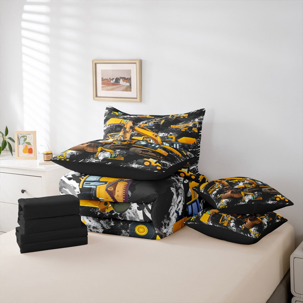 Manfei Excavator Pattern 7 Pieces Bedding Comforter Set,Construction Vehicles Full Bedding Set,Yellow Black Fitted Sheet Flat Sheet For Boys Kids,Luxury Bedroom Decor Reversible
