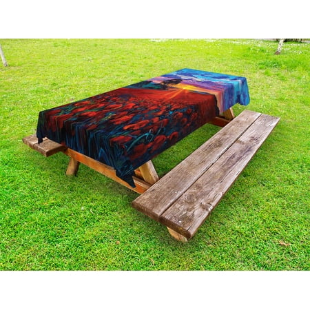 Fairy Picnic Country Outdoor Tablecloth, Scenery of Poppy Flower Garden on Valley with Horizon and Fairy Clouds at Sunset Paint, Decorative Washable Fabric Picnic Table Cloth, 58 X 84 Inches,Multi, by Ambesonne ()