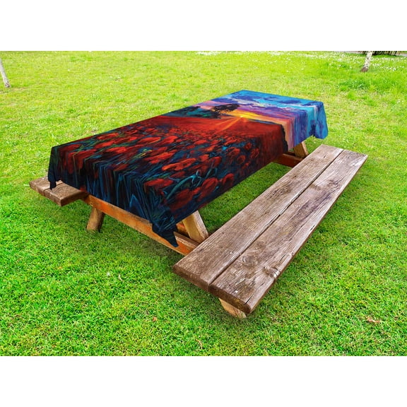 Country Outdoor Tablecloth, Scenery of Poppy Flower Garden on Valley with Horizon and Fairy Clouds at Sunset Paint, Decorative Washable Fabric Picnic Tablecloth, 58 X 120 Inches, Multi, by Ambesonne