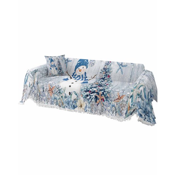 Blue Coastal Christmas Sofa Covers for 3 Cushion Couch,Washable Sectional & L Shape Couch Covers for Dogs/Cats/Kids,Xmas Tree Nautical Starfish Vintage Non Slip Sofa Slipcover Futon Cover 71''x150''