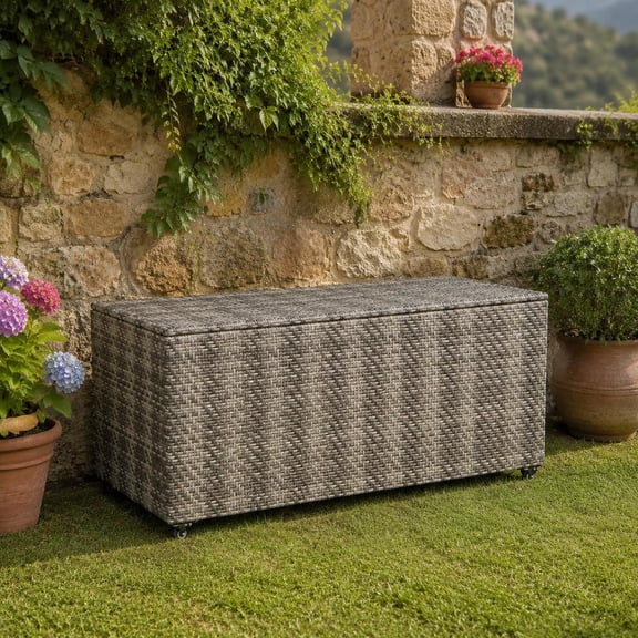 96 Gallon Pe Wicker Outdoor Storage Box, Mobile Patio Deck Box with 4 Wheels and Waterproof Liner for Cushion Storage, Gray