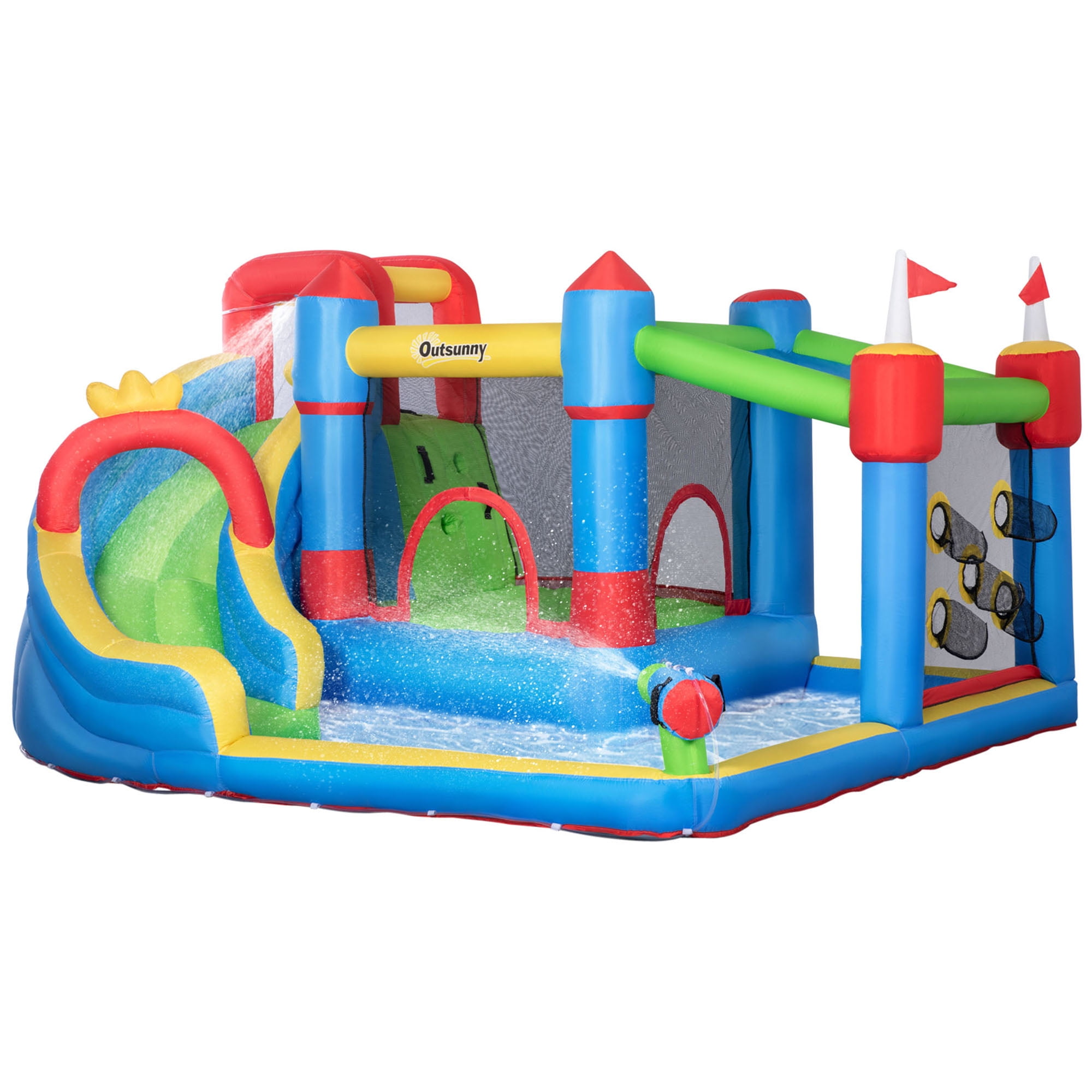 Outsunny 6 in 1 Inflatable Water Slide Kids Castle Bounce House Includes Slide Trampoline Pool Water Gun Climbing Wall Throwing Wall with Carry