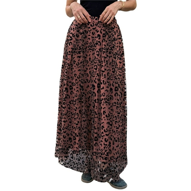 Falda Larga Plisada con Estampado de Leopardo para Mujer, Estilo Gótico Y2K, Cintura Alta, Volantes y Corte Fluido. Negro XL