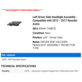 thumbnail image 2 of Left Driver Side Headlight Assembly - Compatible with 2012 - 2017 Hyundai Azera 2013 2014 2015 2016, 2 of 2