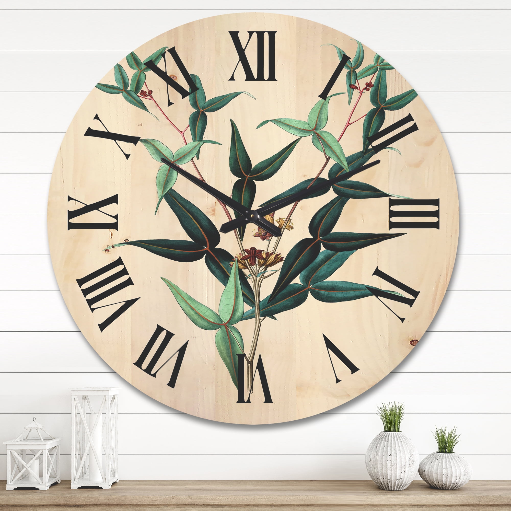 Designart 'Ancient Green Leaves Plants VIII' Traditional Wood Wall Clock