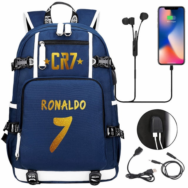 Mochila deportiva para niño Waterproof Ronaldo NO.7 con puerto USB Azul Poliéster Único