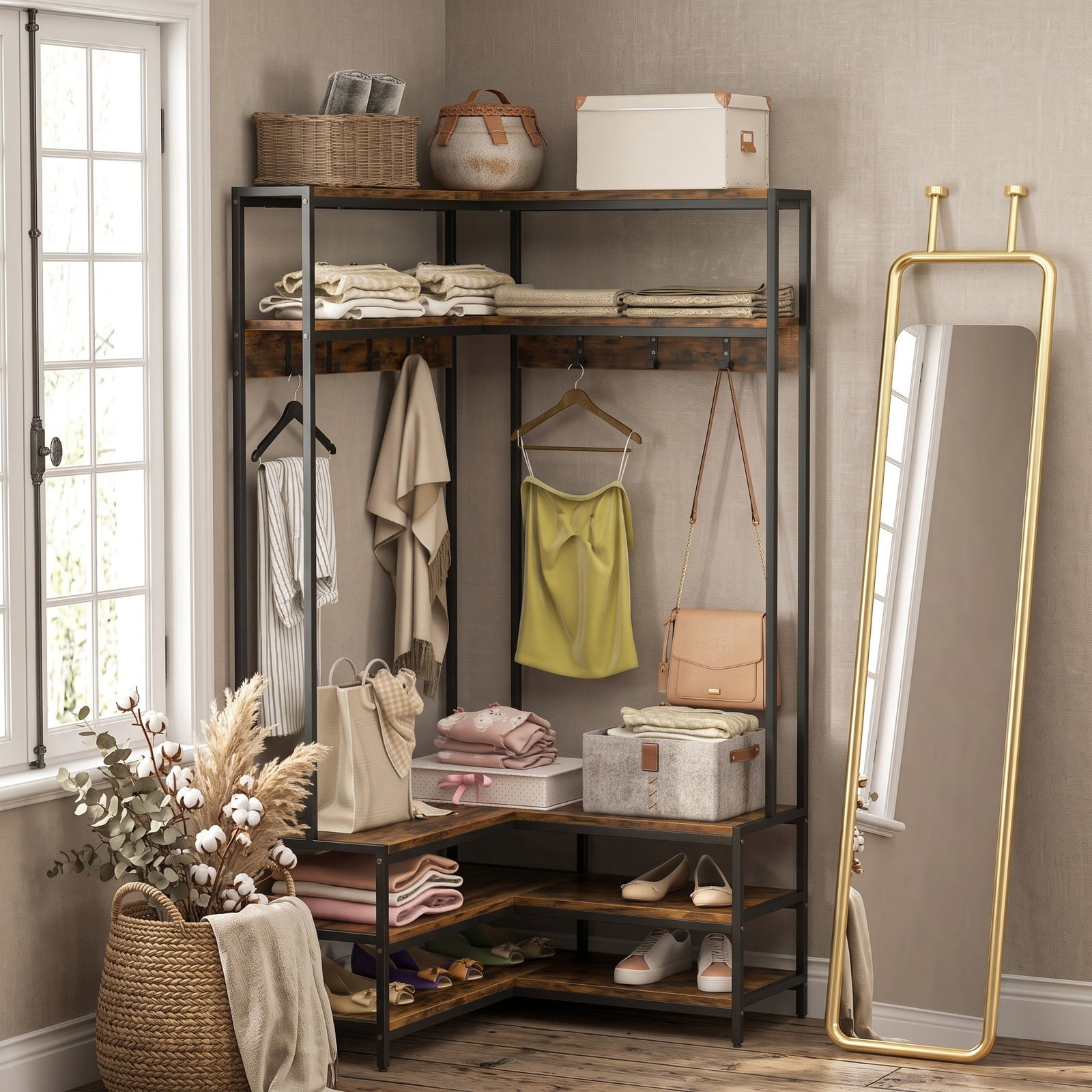 Furnibear L-Shaped Corner Garment Rack with Open Shelves 7 Hooks and Shoe Bench for Bedroom and Entryway Storage, Rustic Brown