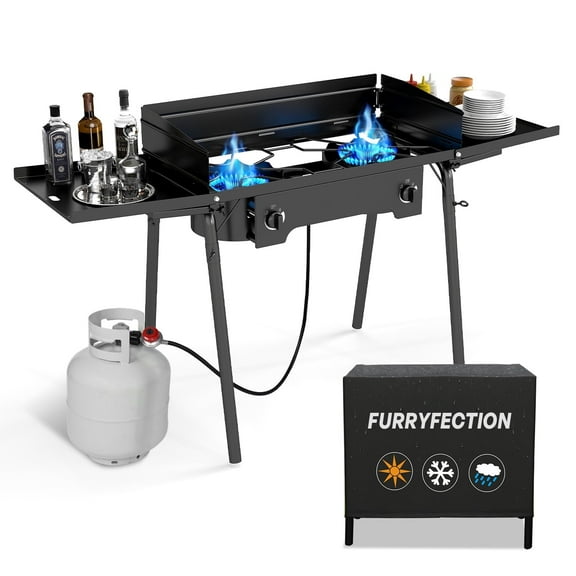 2 Burner Outdoor Camping Stove,20PSIG Regulator,150,000 BTU Propane Gas Stove with Windscreen & Side Table & Cover for Outdoor Cooking BBQ and Backyard Cooking