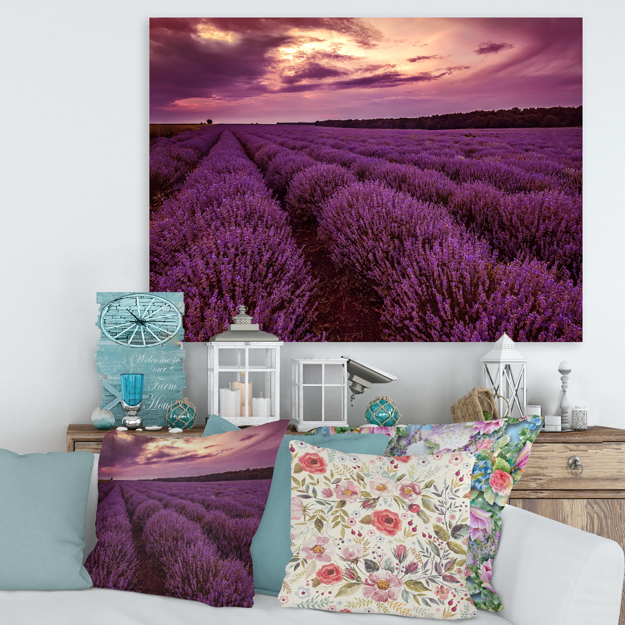 Designart ' Dramatic Clouds and Sunrise Over Lavender Field III ' Farmhouse Canvas Wall Art Print