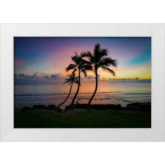 Peebles, Douglas 14x11 White Modern Wood Framed Museum Art Print Titled - Three coconut palm tree-Sunrise-Hauula-Windward-Oahu-Hawaii