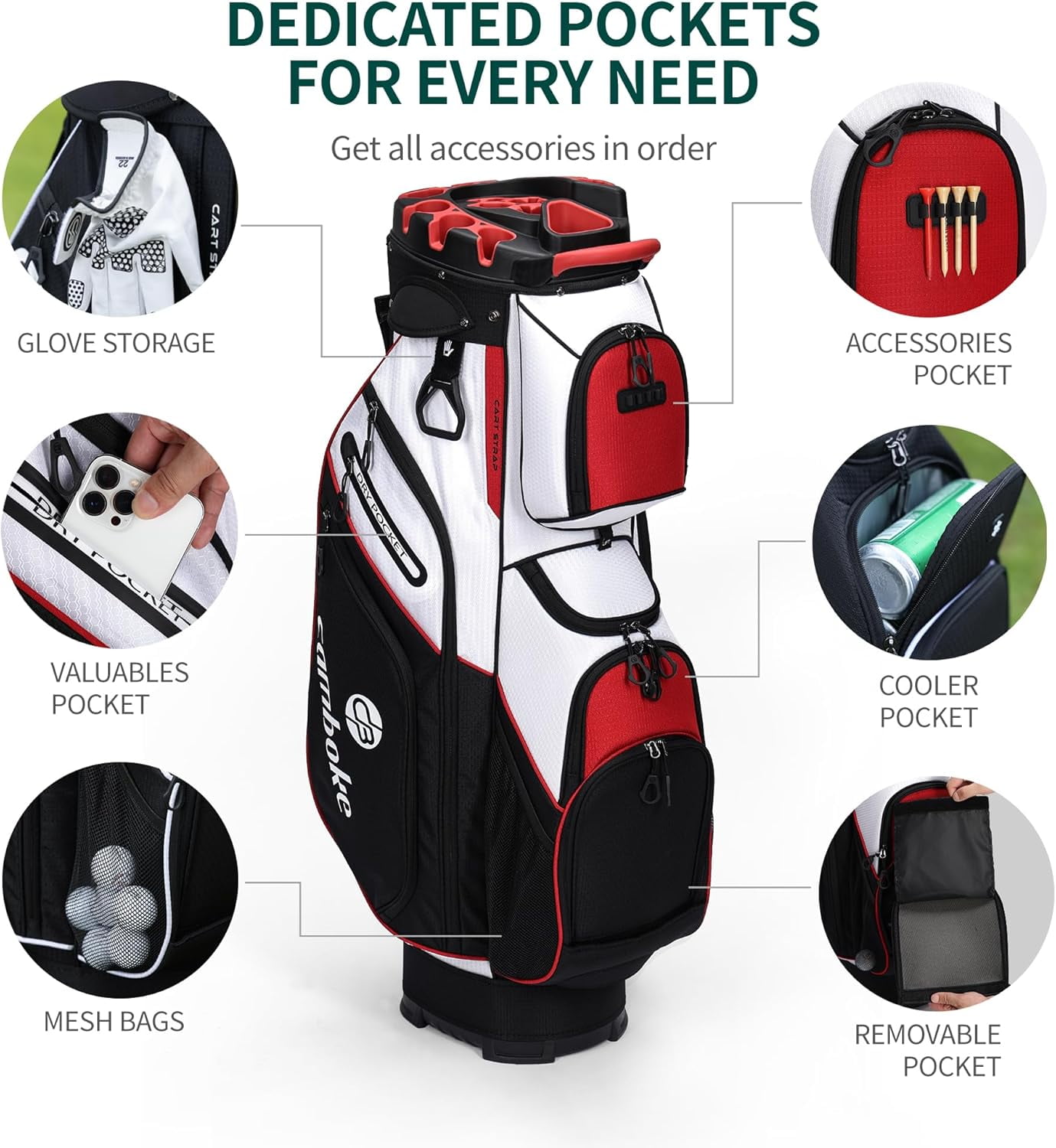 Silent Golf Cart Bag, Molded Lock Top Golf Bag with 14-Way Full-Length Dividers Large Capacity Cooler Pocket Padded Strap Golf Club Bag with Rain Hood for Trolley Players,red