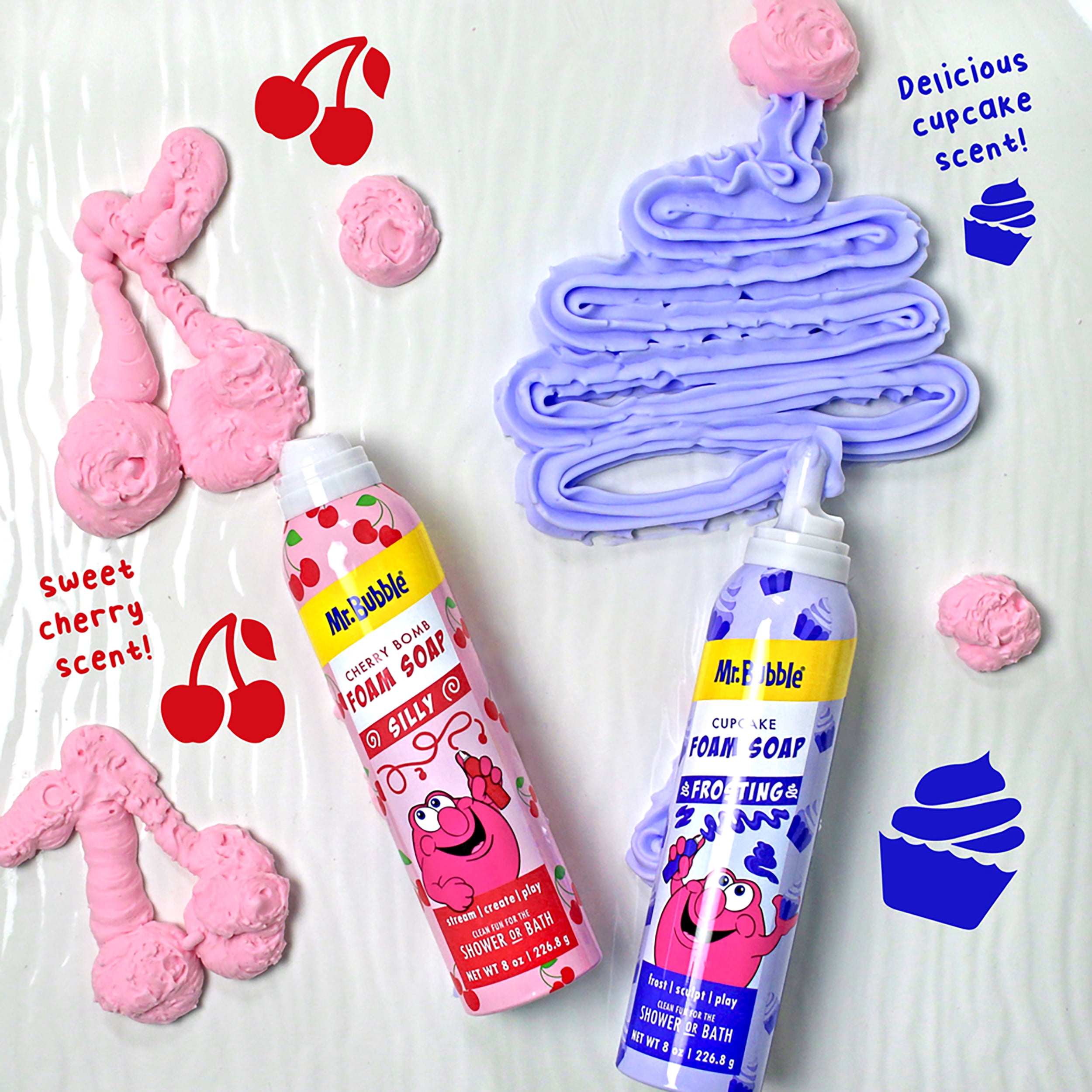 Mr. Bubble Foam Soap Twin Pack with Frosting & Nozzles, Rotating Sensory Colors & Scents, 16 oz