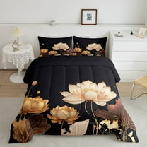 Chic Lotus Flower Bedding Set Queen for Women Floral Comforter Set, Black and Gold Bedding Comforter Sets White Flower Leaves Duvet Insert, Botanical Plants Down Comforter Breathable