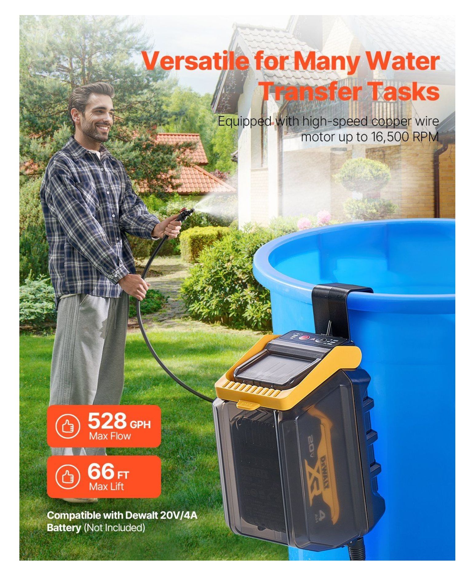 Cordless Water Transfer Pump for Dewalt 20V MAX, Submersible Pump 528 GPH, 66ft Lift, Brushless Motor, Garden Hose Included, Automatic Timer, Portable Utility Pump