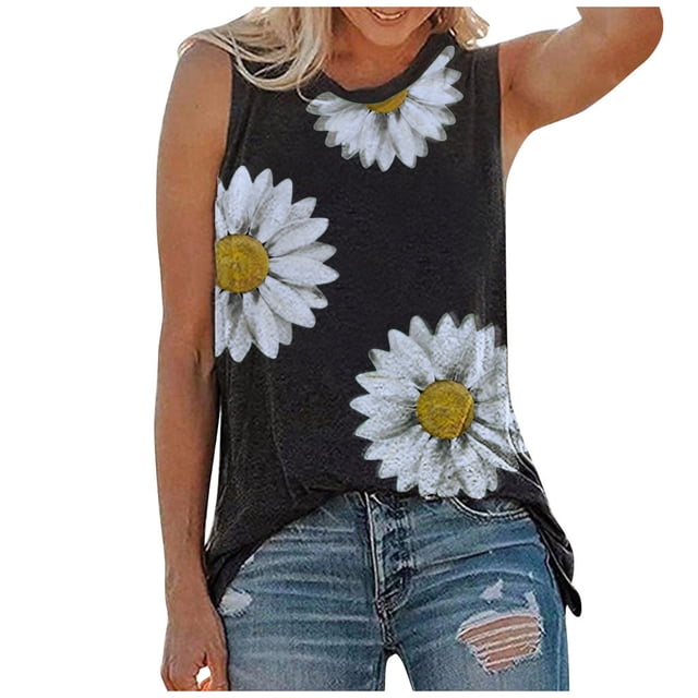 Qertyioot Hauts pour Femmes Hauts d'Été Col Rond Imprimé Marguerite Débardeur Sans Manches T-Shirts Blouse Graphique