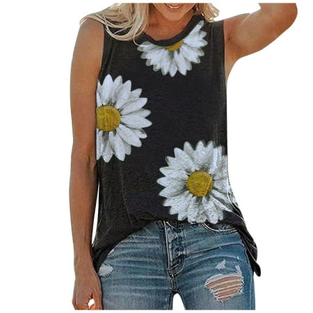 

Women s Summer Print Tank Tops Sleeveless Daisy Graphic T Shirts Casual Loose Holiday Beach Blouse Streetwear Top Tees