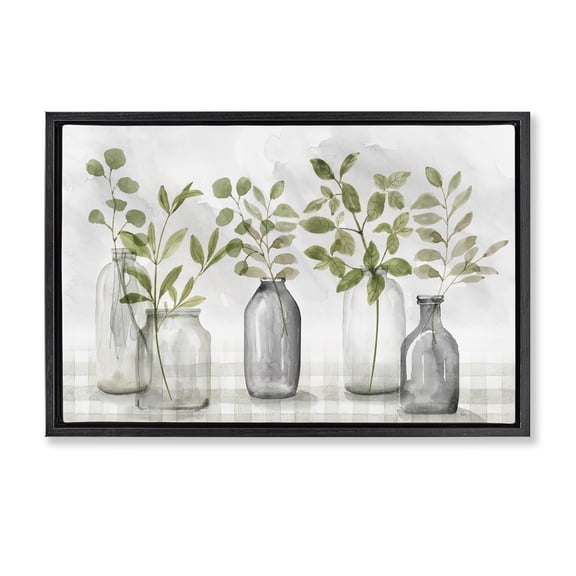 Stupell Industries Greenery Leaves in Vases Black Framed Floater Canvas Wall Art, design by Nan