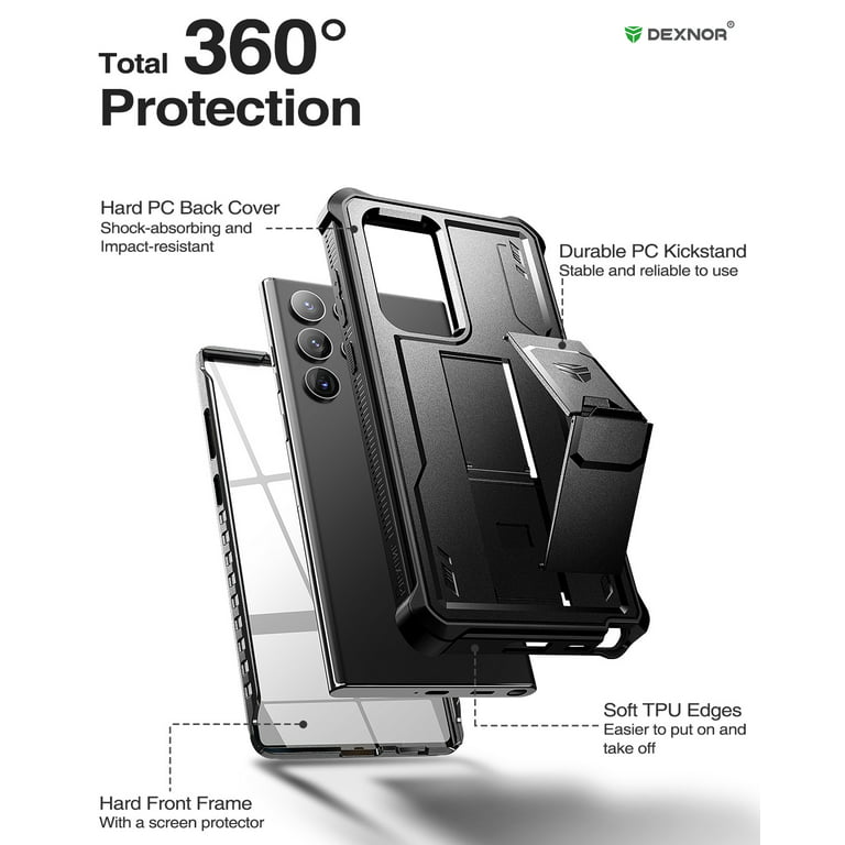Dexnor for Samsung Galaxy S22 Ultra Case, [Built in Screen Protector and  Kickstand] Heavy Duty Military Grade Protection Shockproof Protective Cover  for Samsung Galaxy S22 Ultra 5G,Black 