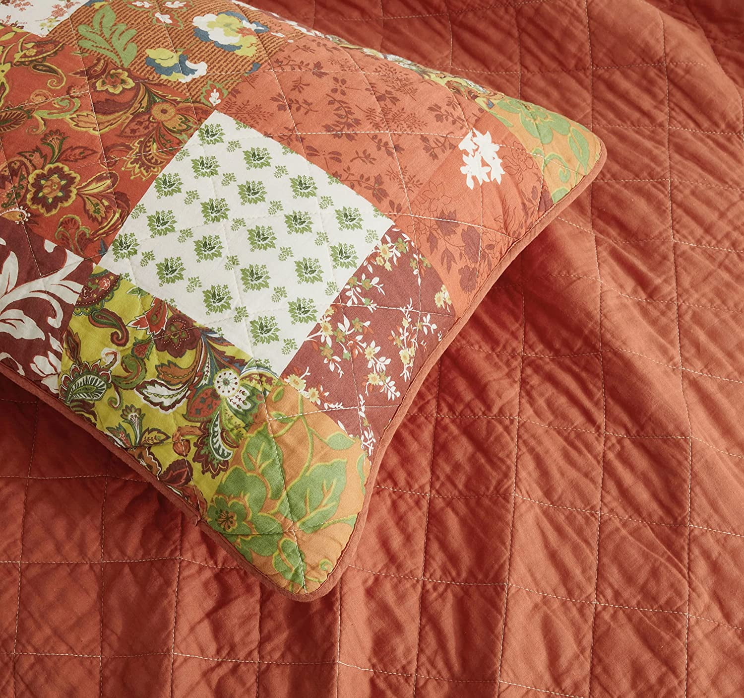 Chezmoi Collection Leilani 3-Piece Boho Washed Cotton Quilt Set Queen Size - Bohemian Quilted Bedding Orange Green White Floral Printed Patchwork Lightweight Bedspread Set for All Season