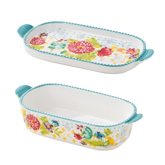 Colorful Hand-Painted Floral Double-Handled Baking Pan with Lid Rectangular Tableware Cheese Baked Rice