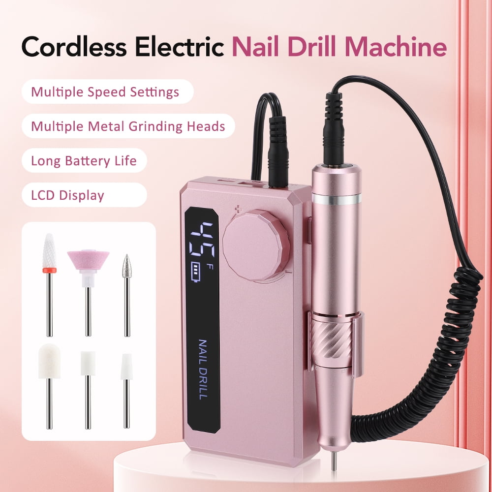 Professional Electric Nail Drill Electric File 45000RPM (Portable & Rechargeable) Portable Nail Drill Machine Kit for Manicure Pedicure Nail Set with Everything Lightweight LCD Display (Pink)