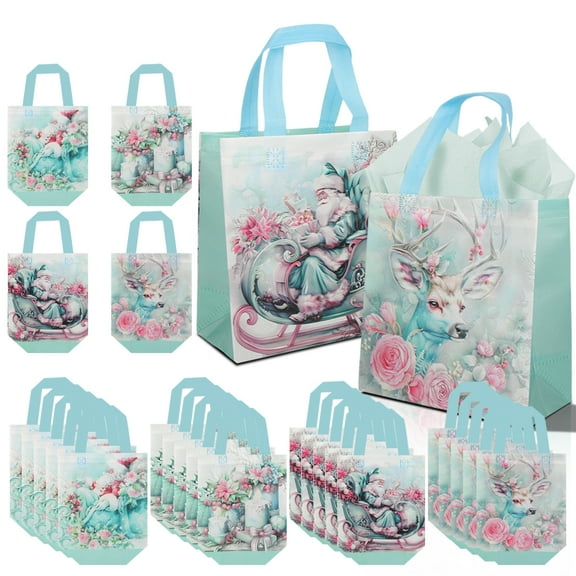 20pcs Christmas Elk Deer Head Party Gift Bags with Pink Rose Floral Patterns and Santa Sleigh Shopping Bags, Suitable for Christmas Season Gift-Giving Party Favor Bags.