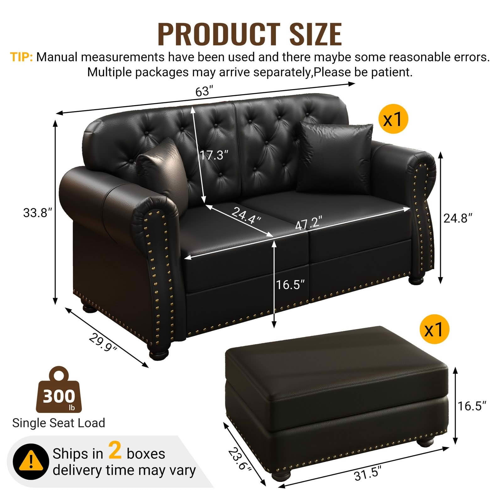 MAYEERTY 63" Upholstered Faux Leather Loveseat Sofa with Ottoman, Mid‑Century Modern Chesterfield Couch with Button Tufted, Nailhead Trim & Rolled Armrests, Includes 2 Pillows