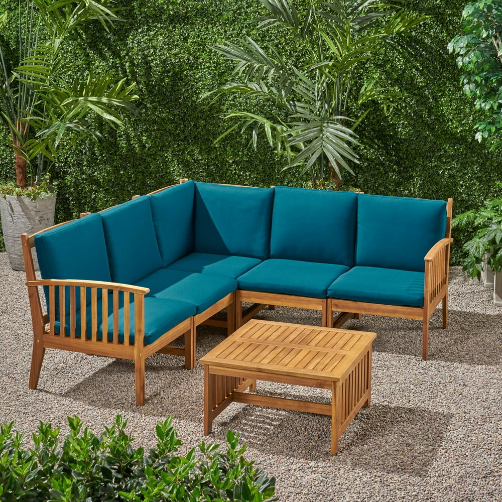 Brendon Outdoor 5 Seater Acacia Wood Sofa Sectional Set, Brown and Dark Teal