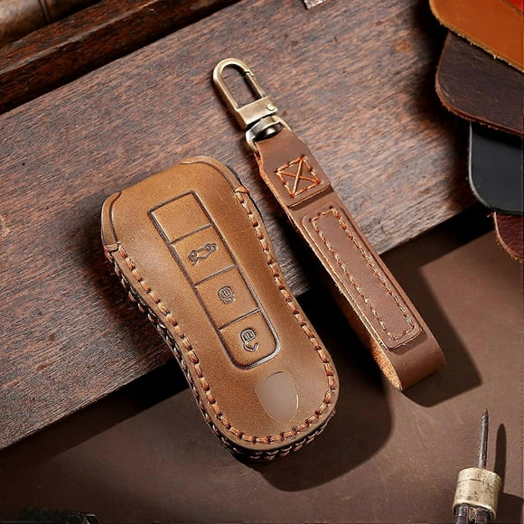 Leather Car Key Case for Porsche Cayenne Panamera 911 Carrera Taycan 2019-2020 - 3 Buttons - Brown