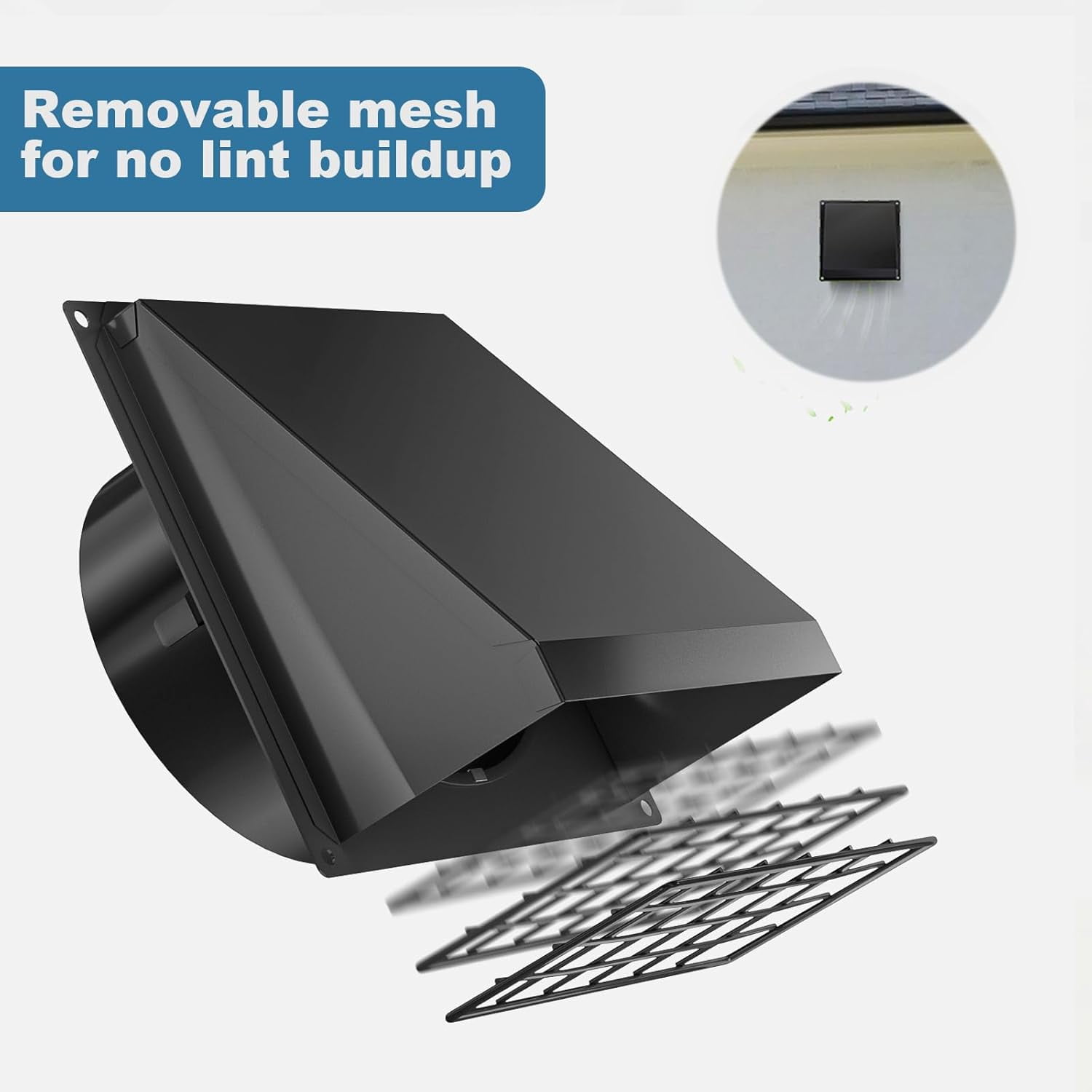 Hon&Guan 6" Dryer Vent Cover for Outside - Magnetic Closure, Removable Mesh Screen, Weatherproof & Rust-Proof Iron Vent Hood with Noise-Reducing Rubber Flap (Black)