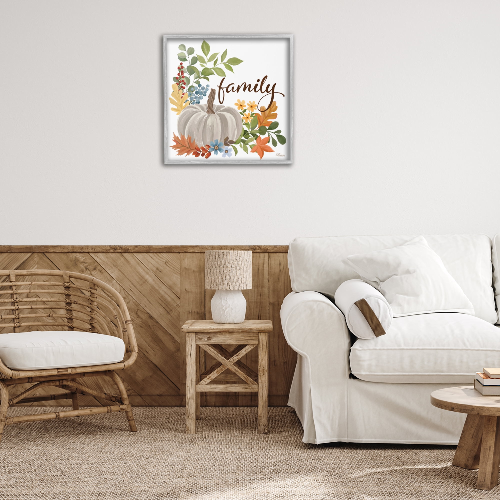 Stupell Industries Autumnal Family Pumpkin Holiday Painting Gray Framed Art Print Wall Art, 24 x 24