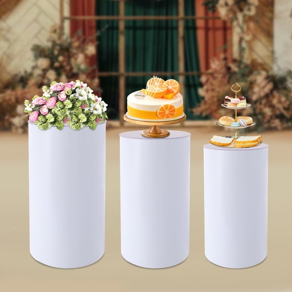 3-Pack White Round Cylinder Stands for Wedding Dessert Cake Flower Photography Background