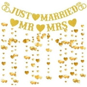 Just Married Party Decorations, Gold Glitter Just Married Mr & Mrs Banner with Heart Garland for Bridal Shower Engagement Wedding Party Decorations Supplies