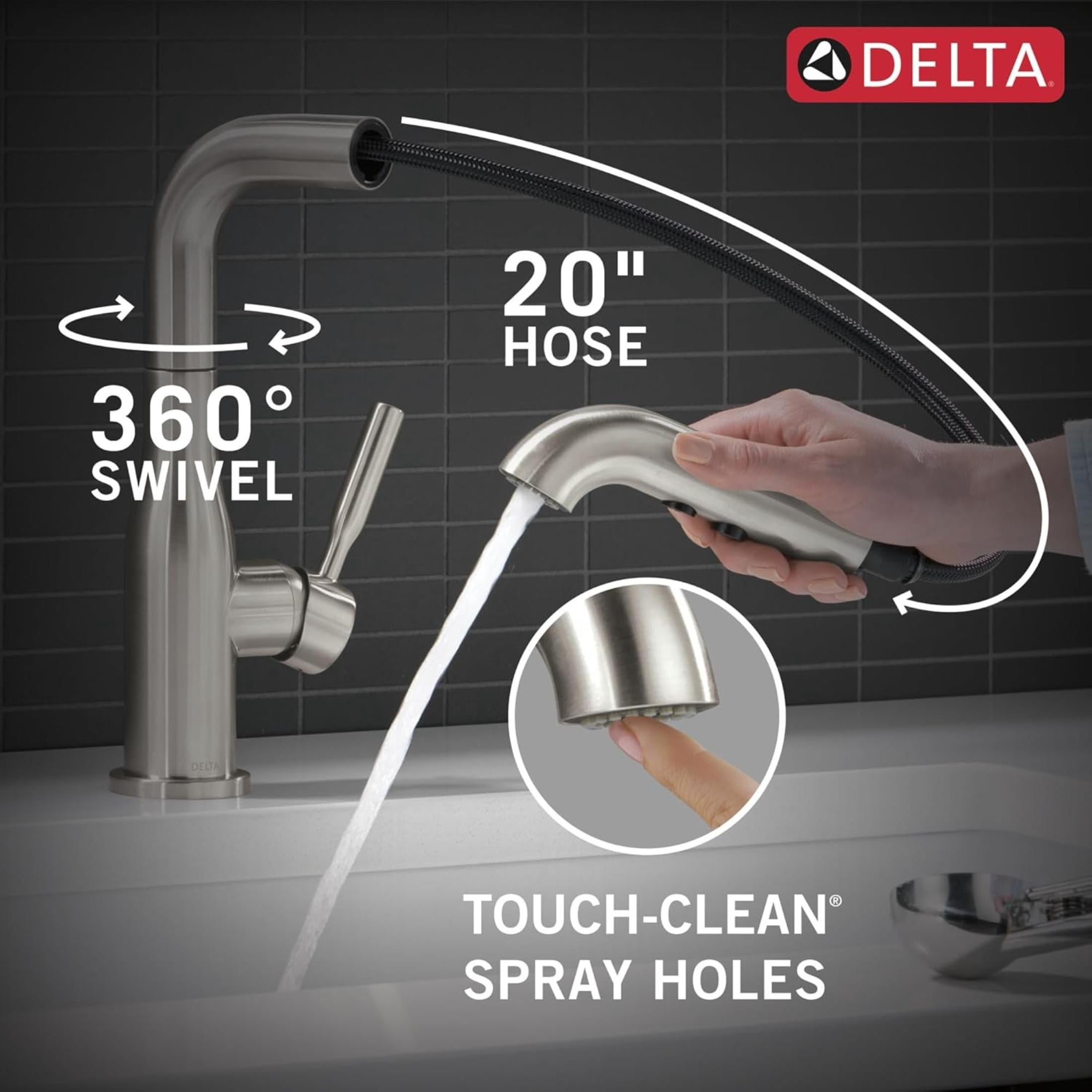 Delta Almari Brushed Nickel Kitchen Faucet with Pull-Out Sprayer, Modern Single Hole Kitchen Sink Faucet, Single Handle, Stainless