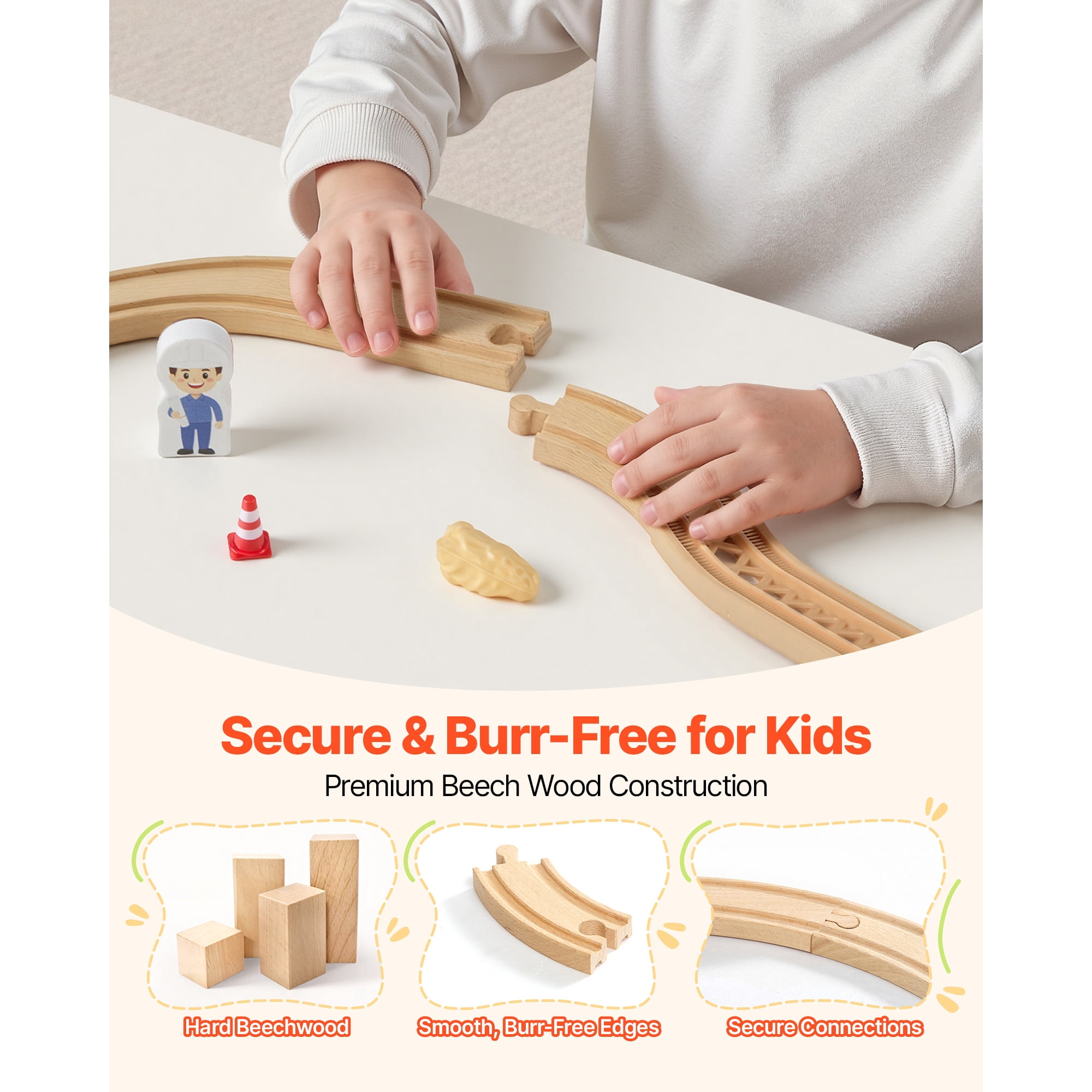 KFFKFF 70PCS Wooden Train Set with Magnetic Crane, Wooden Railway Track Toy for Kids Ages 3-8, Construction Crane Playset, Compatible with Popular Brands,Ideal Christmas or Birthday Gift for Toddlers