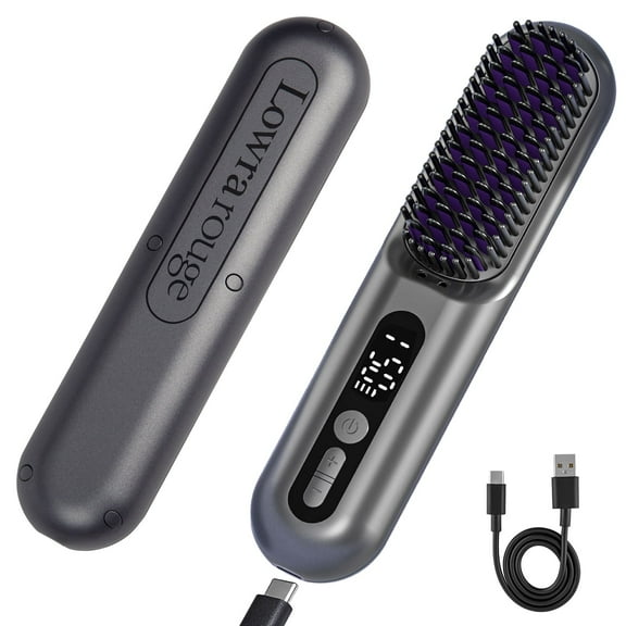 Cordless Hair Straightening Brush, Portable Plasma Hot Comb Hair Straightener for Travel, USB Rechargeable & 9-Temp Settings - Black