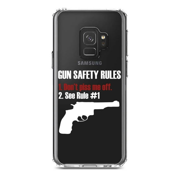 DistinctInk Clear Shockproof Hybrid Case for Samsung Galaxy S9 (5.8" Screen) - TPU Bumper Acrylic Back Tempered Glass Screen Protector - Gun Safety Rules, Don't Piss Me Off