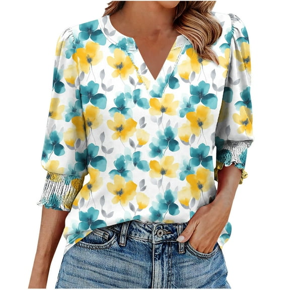 HomeGardon 3/4 Length Sleeve Womens Tops Summer Tops for Women Casual Printed 3/4 Length Sleeve Smocked Cuffs,S-XXL